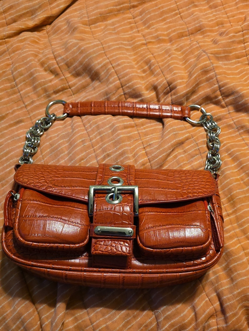 Red Orange Croc-Embossed Shoulder Bag with Chain Strap